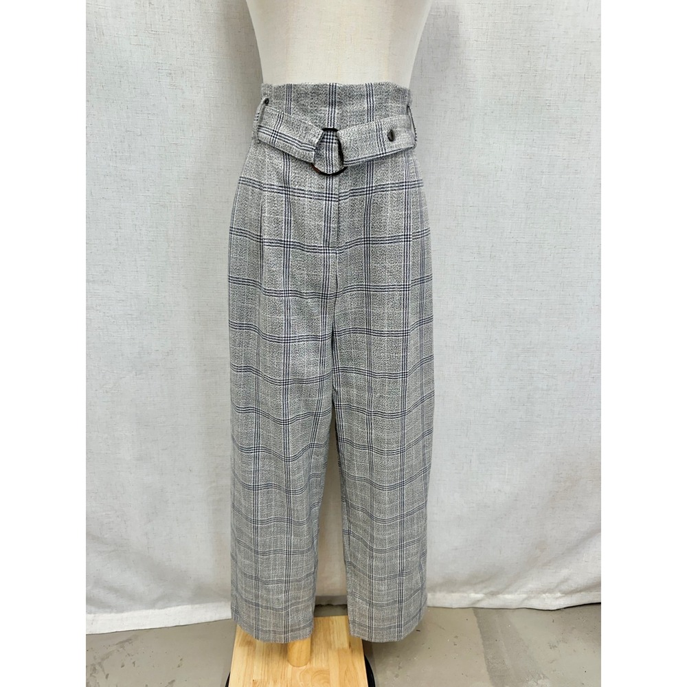Topshop Cotton Plaid Grey High Waisted Belted Trousers Womens Size 10 Minimalist